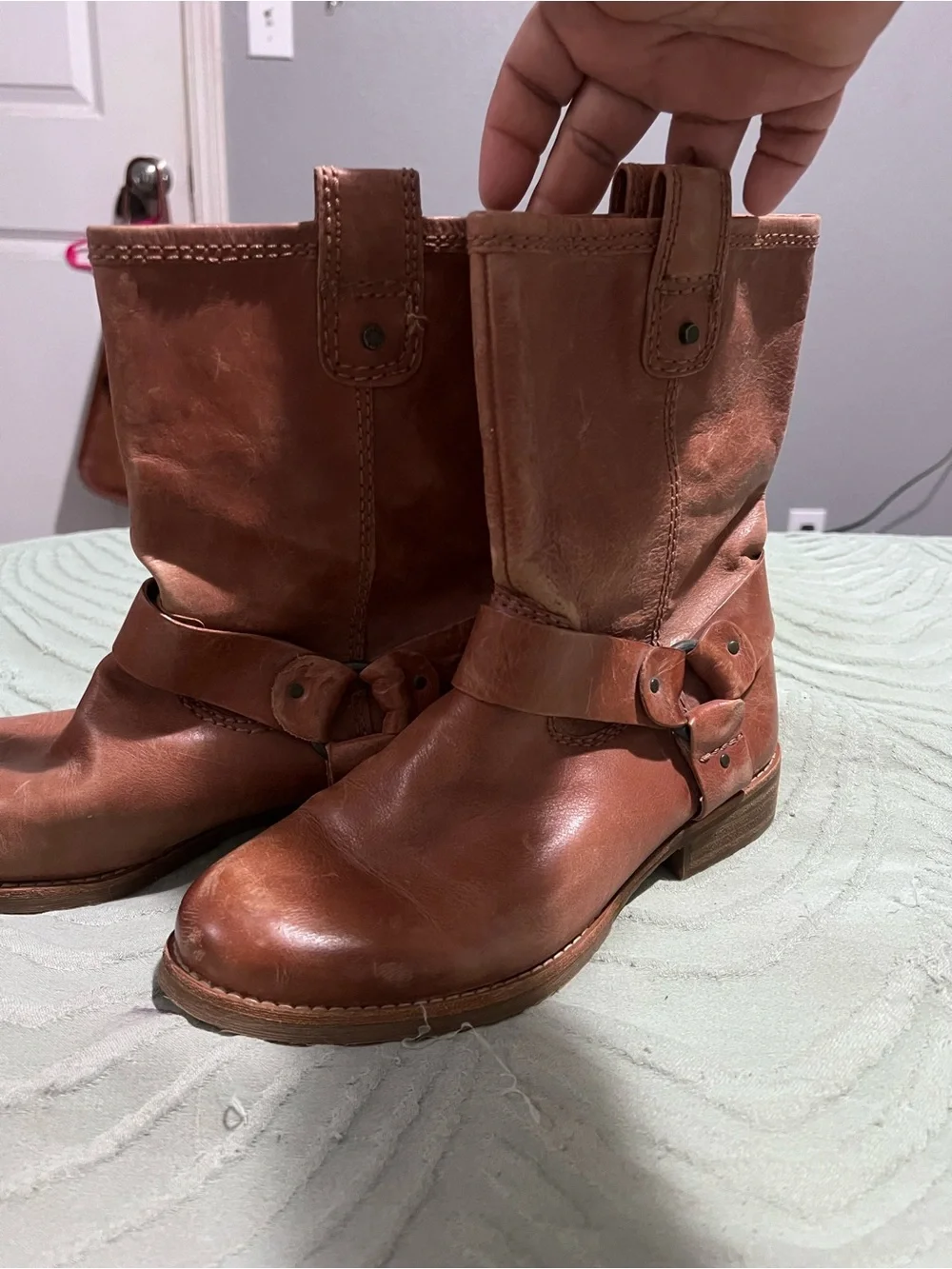 Gianni Bini Cognac Brown Leather Harness Ankle Boots